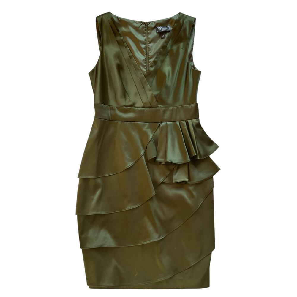Dress Barn Olive Green Satin Dress Size 8 Cascade Ruffle V-Neck